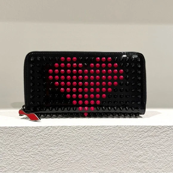 New Christian Louboutin Panettone Patent Leather Heart Spiked Zip Around Wallet - Picture 3 of 14